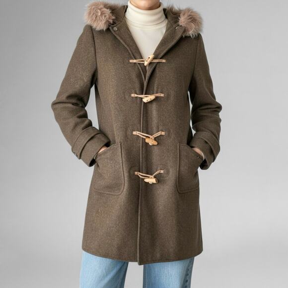 J Crew Wool Duffle Toggle Coat Parka S Shearling Fur Insulated Heritage Green - Picture 1 of 12